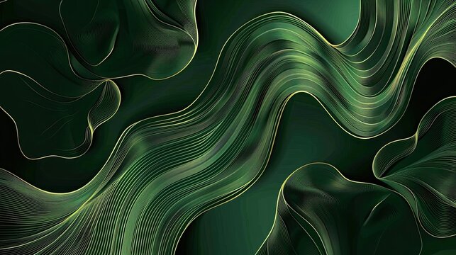 Modern abstract fluid digital background with layered green color palette, translucent silk-like wavy curved structures flow from bottom left to top right, soft gradient textures blend with deep dark