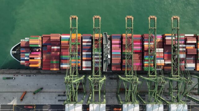 sunny day singapore city port terminal colorful container ship dock bay aerial topdown panorama 4k    