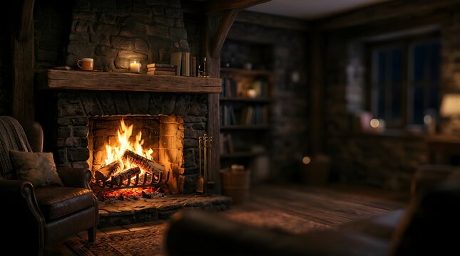 Cozy stone fireplace in a rustic cabin living room during winter evening