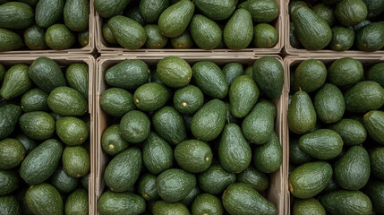 Obraz premium Fresh green avocados neatly arranged in wooden crates evoking fresh market abundance and calm