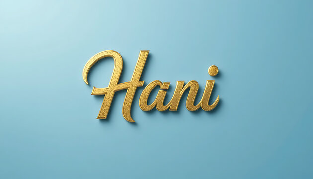 Golden 3d text hani on a gradient blue background with shadow effect and elegant cursive font style