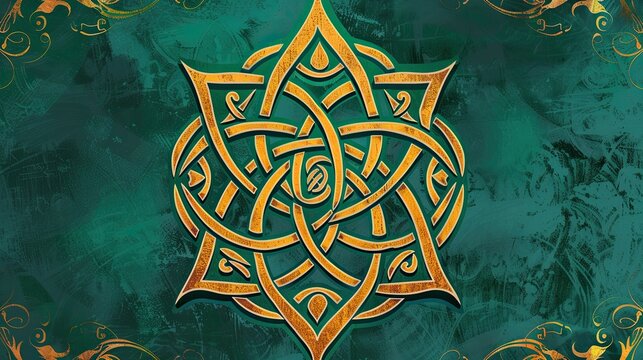 Intricate vintage celtic knot eight pointed star endless knot symbol ornament, crafted in warm aged gold against a textured dark emerald green background with subtle corner golden