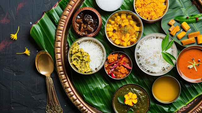 A top-down view of traditional South Indian thali food served on a fresh green banana leaf laid over an embossed antique brass tray, with assorted vegetarian dishes including rice, various curry