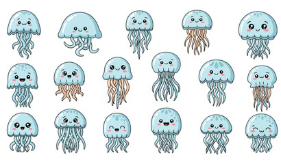 Cute Cartoon Jellyfish Vector Set with Colorful Ocean Medusa Marine Creatures © ajgar