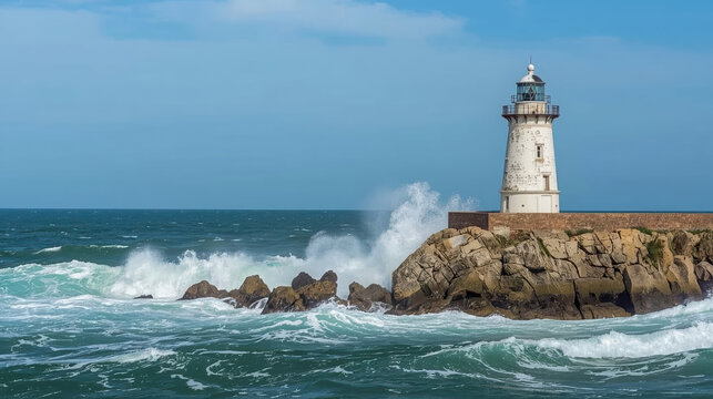 Historic lighthouse on rocky breakwater with crashing waves and bright sky