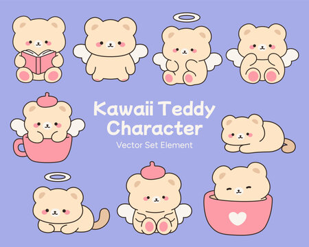Cute Angel Bear Collection with Kawaii Teddy Character and Reading Book Cartoon Vector Set