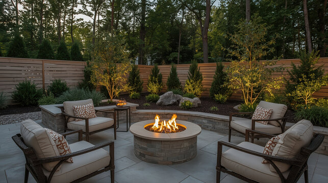 Modern outdoor fire pit seating area with warm lighting and cozy atmosphere