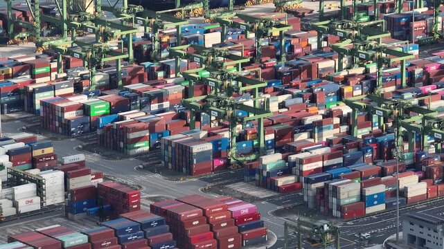 day time singapore city famous container port terminal working traffic aerial panorama 4k    