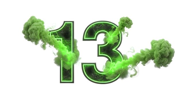 Glowing green neon number thirteen with swirling toxic smoke