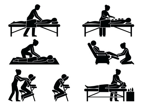 Collection of massage therapy icons showing different techniques and settings for relaxation and wellness Silhouette