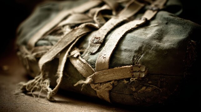 Detailed close-up of weathered leather straps and buckle on an antique canvas bag