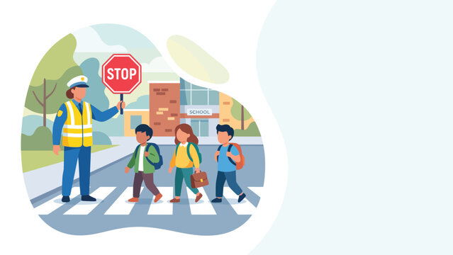 Illustration of a crossing guard escorting schoolchildren across a crosswalk near a school bus.