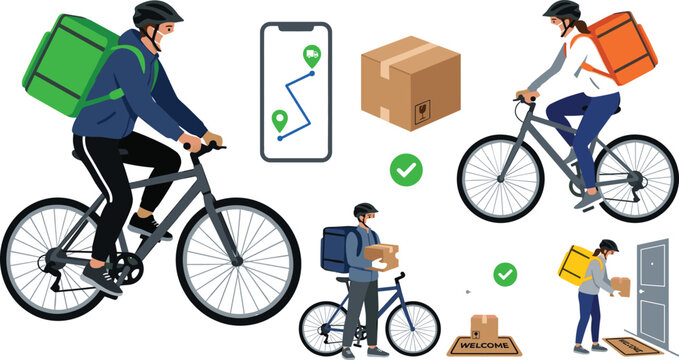 Bicycle Delivery Service Collection with Courier Rider Package Shipping and Last Mile Logistics Vector Illustration Set