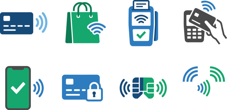 Contactless Payment and NFC Technology Icon Collection with Wireless Transactions Digital Wallet and Card Payment Vector Set