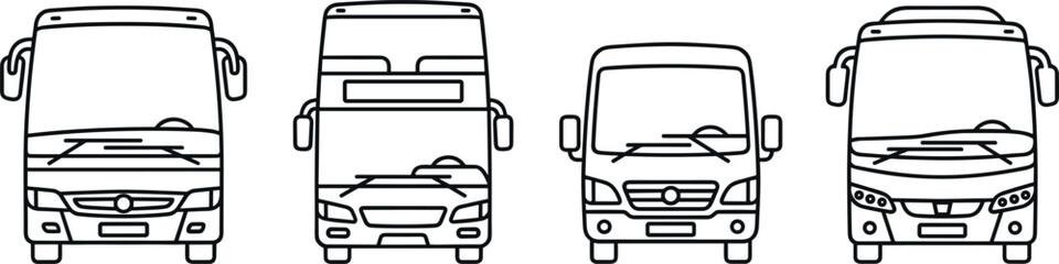 Front View Bus Collection with Coach Minibus and Public Transportation Vehicle Line Art Vector Illustration Set © Mst