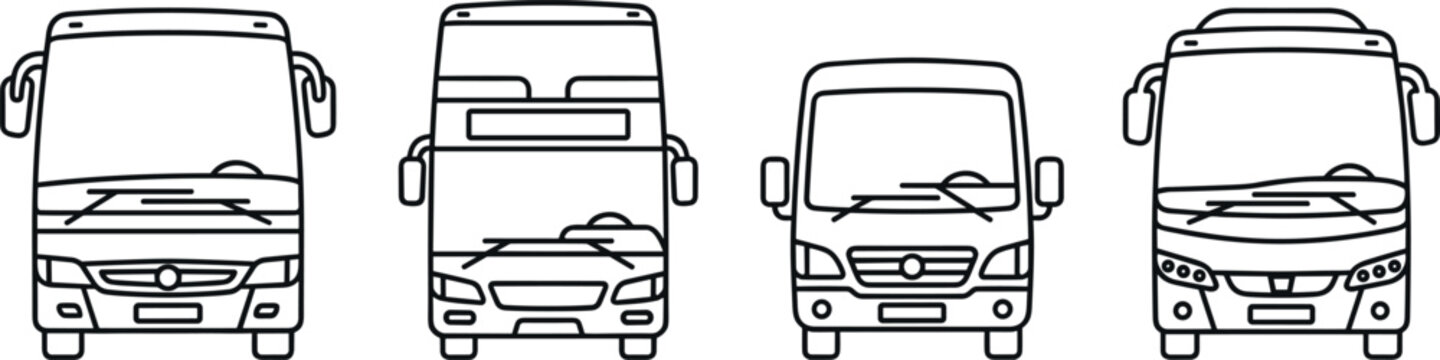 Front View Bus Collection with Coach Minibus and Public Transportation Vehicle Line Art Vector Illustration Set