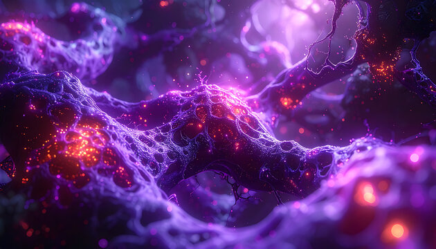 Abstract luminous network of purple and orange particles, organic cellular structure, glowing filaments, scientific micro photography, deep space nebula or neural network visualization