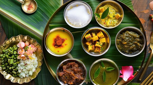 Traditional Indian thali meal served on fresh green banana leaf with distinct parallel veins, placed on dark brown wooden table, containing assorted small metal bowls with curry, dal, yogurt, rasam