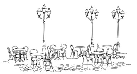 Obraz premium Outdoor cafe sketch with tables, chairs, and street lamps on cobblestone