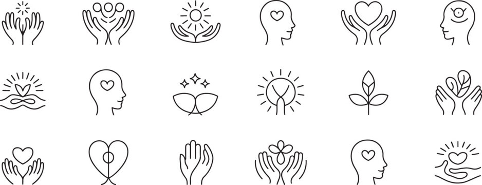 Hands and Head Icons Expressing Care, Love, and Hope with Hearts, Leaves, Sun Rays, and Mindful Support