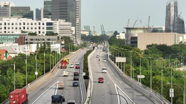 day time singapore city traffic street road overpass aerial panorama 4k    