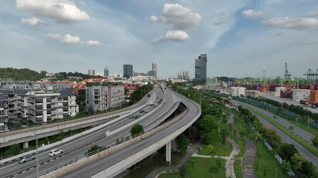 day time singapore city traffic street road overpass port side aerial panorama 4k    