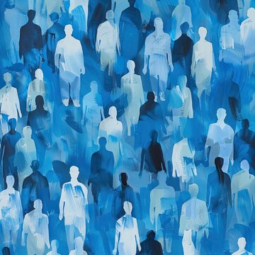 Dense anonymous crowd of simplified blue silhouettes spread across an abstract urban scene, layered monochromatic blue shades create depth for the large population, conveying alienation as indistinct