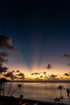 View of crepuscular rays over the ocean at sunset with silhouetted palm trees and scattered clouds in Tumon, Guam, Guam.