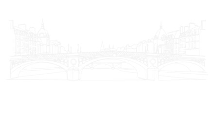 Fototapeta premium Elegant Arch Bridge Outline Drawing Over River, Cityscape Architecture Sketch