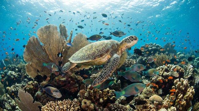 Sea turtle swimming over vibrant coral reef in clear ocean water