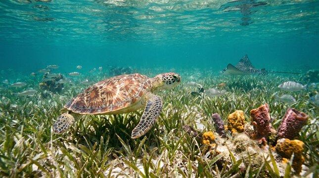 Sea turtle swimming over vibrant coral reef in clear ocean water
