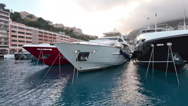 Luxury yachts moored in port Hercules of Monaco at sunset.