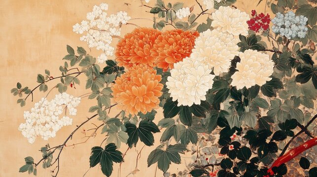 Large bouquet painting vertical close up orange flowers center white chrysanthemum type light blue flowers below light pink above dark green leaves small red at lower right yellow at lower middle beig