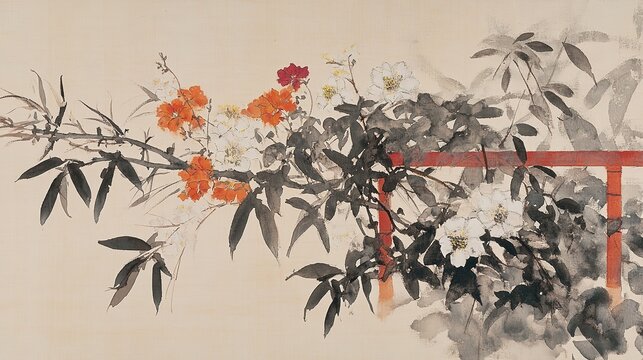 Vertical ink watercolor painting light beige textured paper cluster flowering branches bamboo shoots bottom right to top orange red blossoms white flowers yellow stamens dark green grey leaves red fen