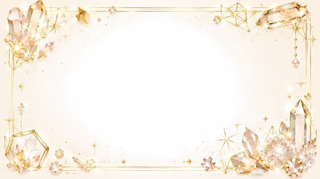 ゴールドと美しく輝く水晶の高級感あふれるラグジュアリーな横型フレーム / Luxurious gold and sparkling crystal elegant horizontal frame background