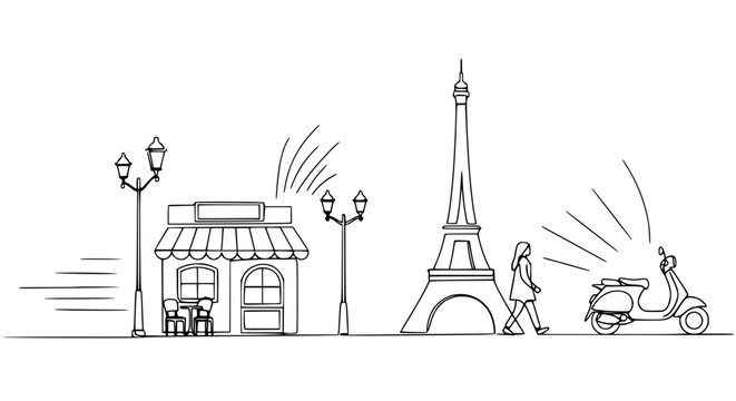 Parisian Street Scene: Cafe, Eiffel Tower, Woman Walking, Scooter - Sketch Style