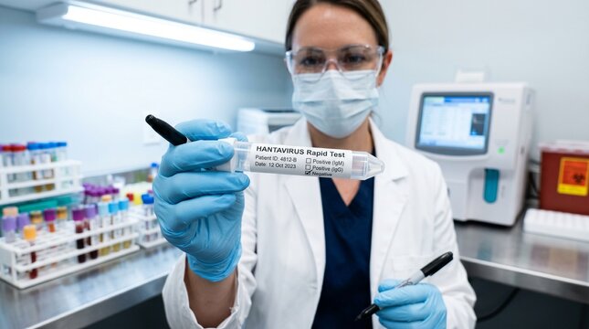Female scientist in lab coat and mask holding hantavirus rapid test kit with pen in hand in laboratory setting with various medical equipment and test tubes