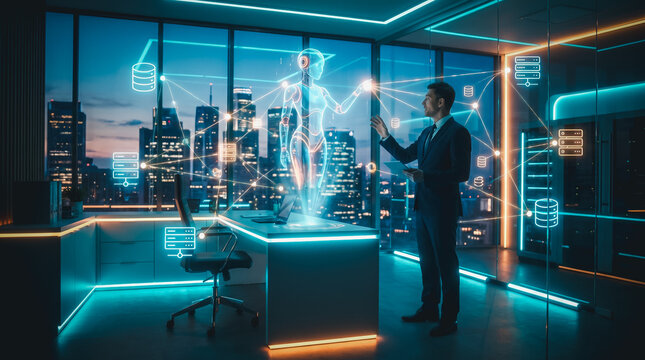 Smart business technology concept with automated workflow and data model training charts.