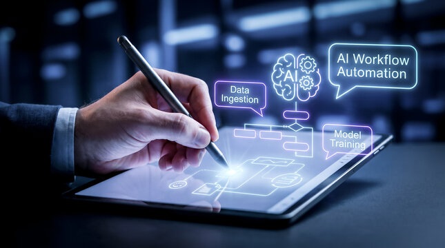 Businessman using digital tablet managing AI workflow automation system.