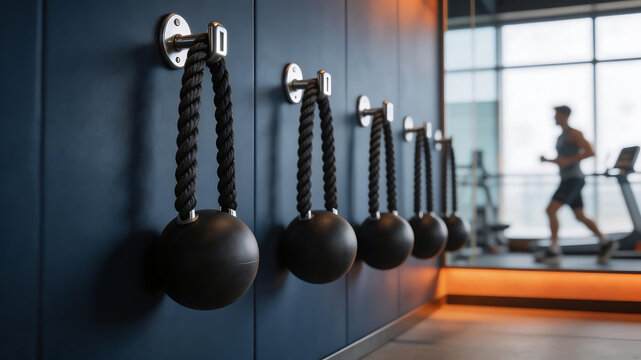 Gym equipment and runner on treadmill for contemporary fashion and urban lifestyle brands