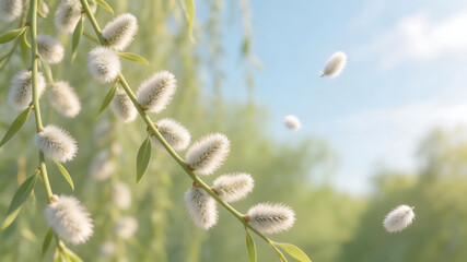Fototapeta premium Willow branches with fluffy buds in spring for outdoor lifestyle brands and nature documentaries