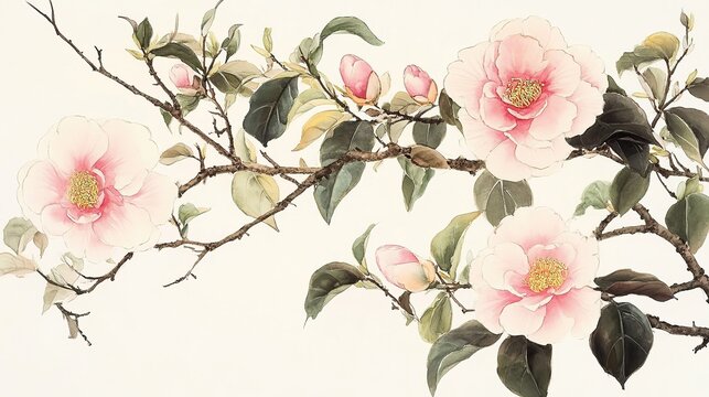 Watercolor camellia branches pink flowers buds light background dark brown branches fully bloomed layered pink petals closed buds green sepals broad green leaves yellow brown tinges vertical organic