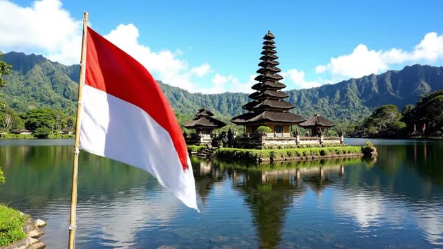 Indonesian Flag Waving in Front of Ulun Danu Beratan Temple Bali