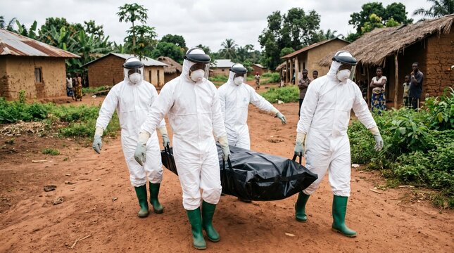 Ebola Outbreak Response Team Carrying Victim Through Rural African Village During Health Emergency