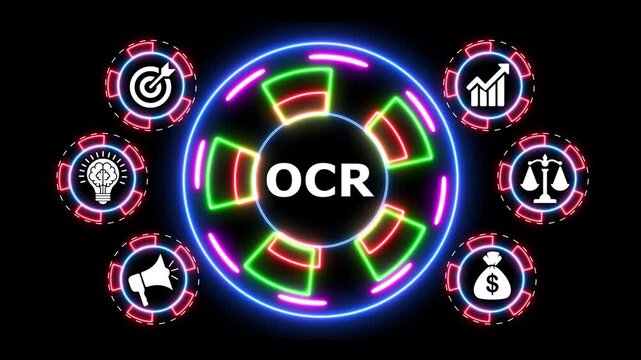 Ocr optical character recognition technology concept with glowing neon rings.