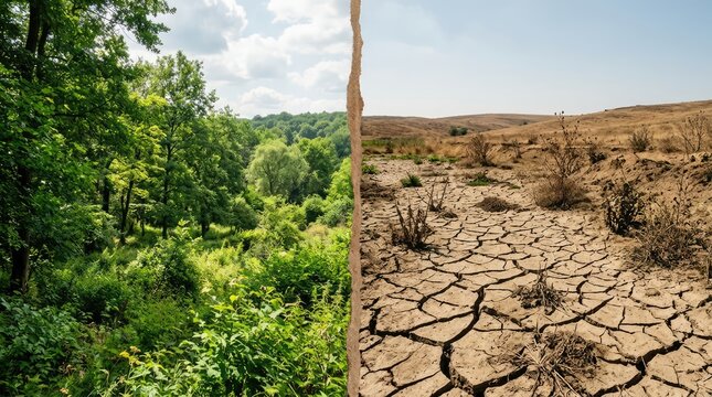 Collage depicting the stark contrast between a lush, green forest and a parched, cracked desert landscape, representing the impact of climate change