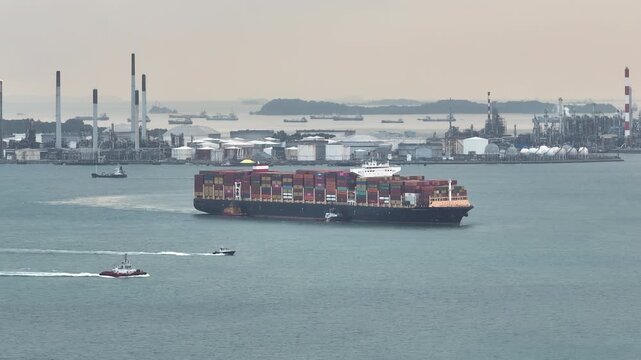 evening time sinagpore city port cargo ship industrial bay traffic aerial panorama 4k    