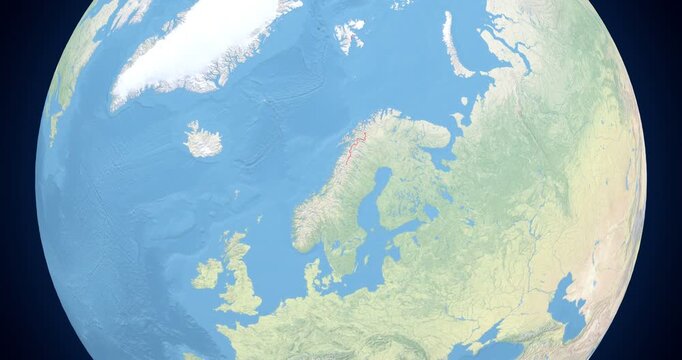 Norway on Globe. Zoom into the country with Earth spinning on dark background. Physical world map with Norway and label on it. Country view animation.