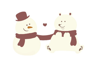 Fototapeta premium 赤い帽子を被った雪だるまとくま