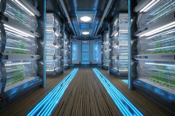 Obraz premium Futuristic Vertical Farm Corridor with Glowing Blue Lights